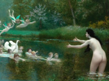 Classic Nude Painting - Leda and swan angels Classic nude